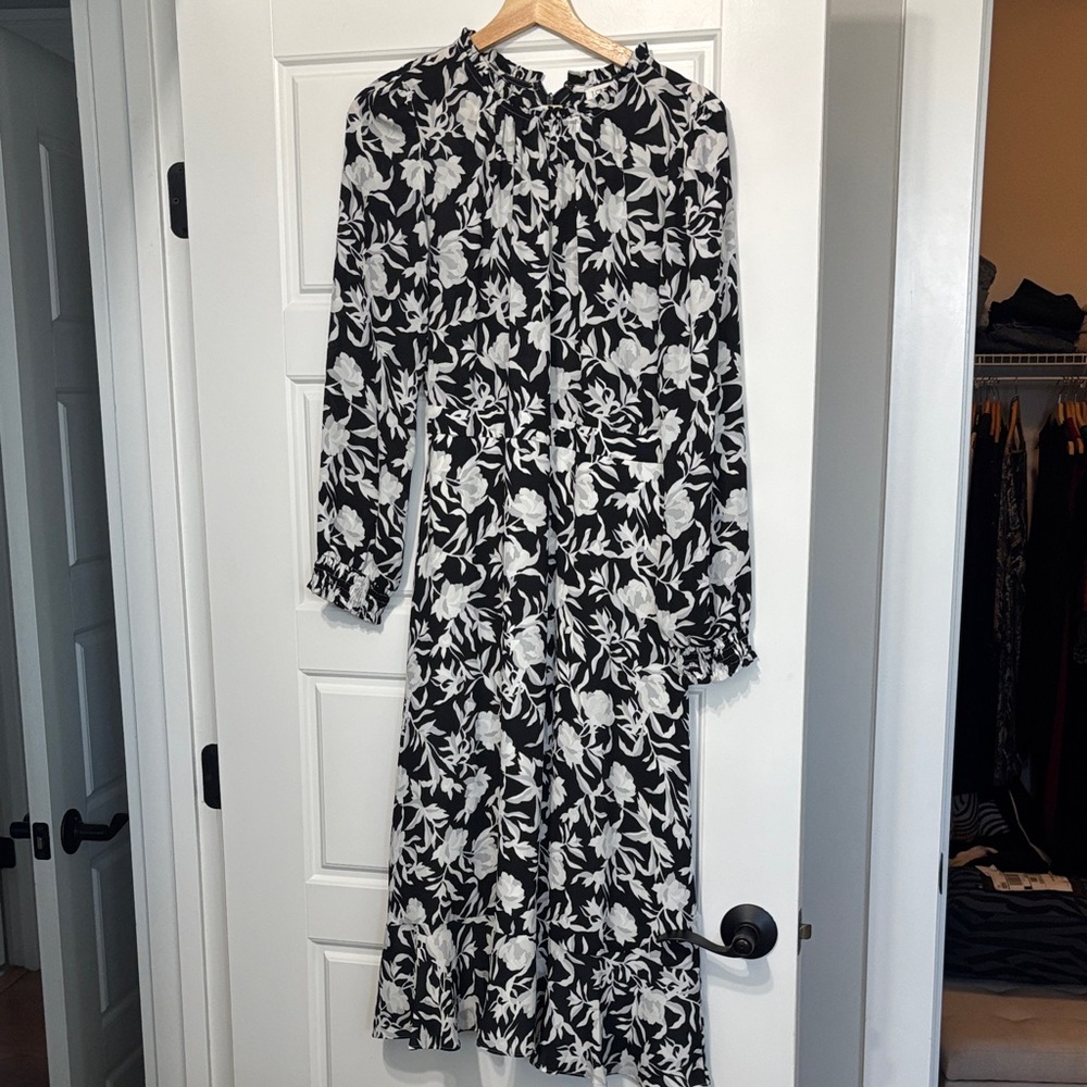 J. Crew Black and White Floral Long Sleeve Dress